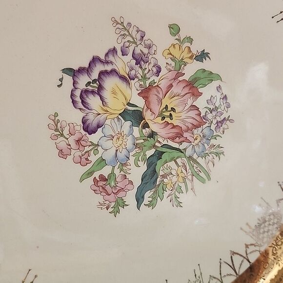 Vintage Warranted Gilded 22k Gold Rimmed Floral Platter - Picture 2 of 11